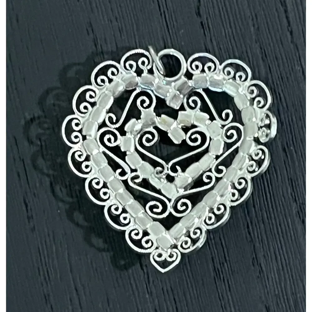 Vintage Blue Rhinestone Heart Pendant Filigree‎ Statement Cottagecore